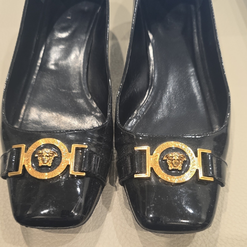 Versace Black Patent Leather Loafers with Gold Medusa Accent